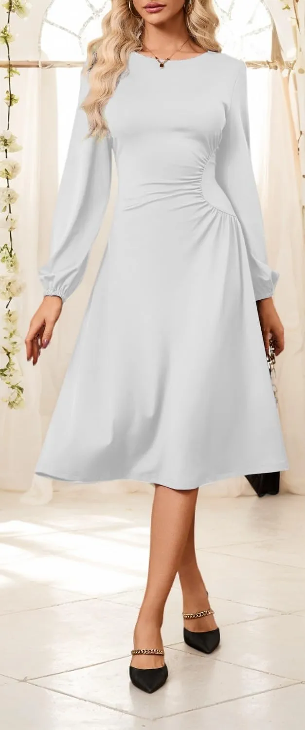 Women's Long Sleeve Midi Dress Round Neck Lantern Sleeve Vintage Church Dresses