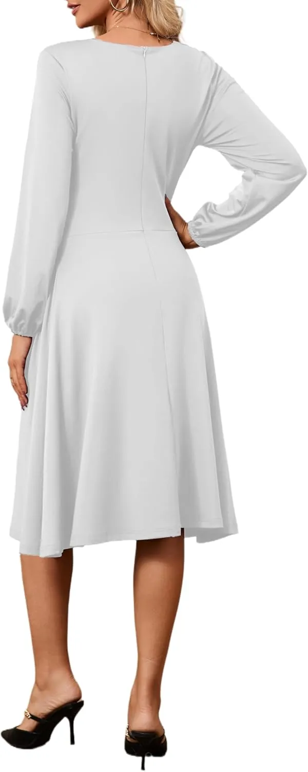 Women's Long Sleeve Midi Dress Round Neck Lantern Sleeve Vintage Church Dresses