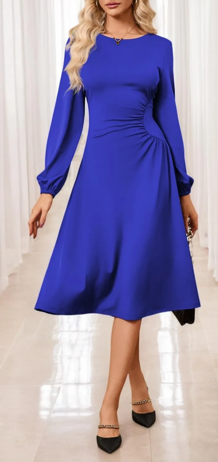 Women's Long Sleeve Midi Dress Round Neck Lantern Sleeve Vintage Church Dresses