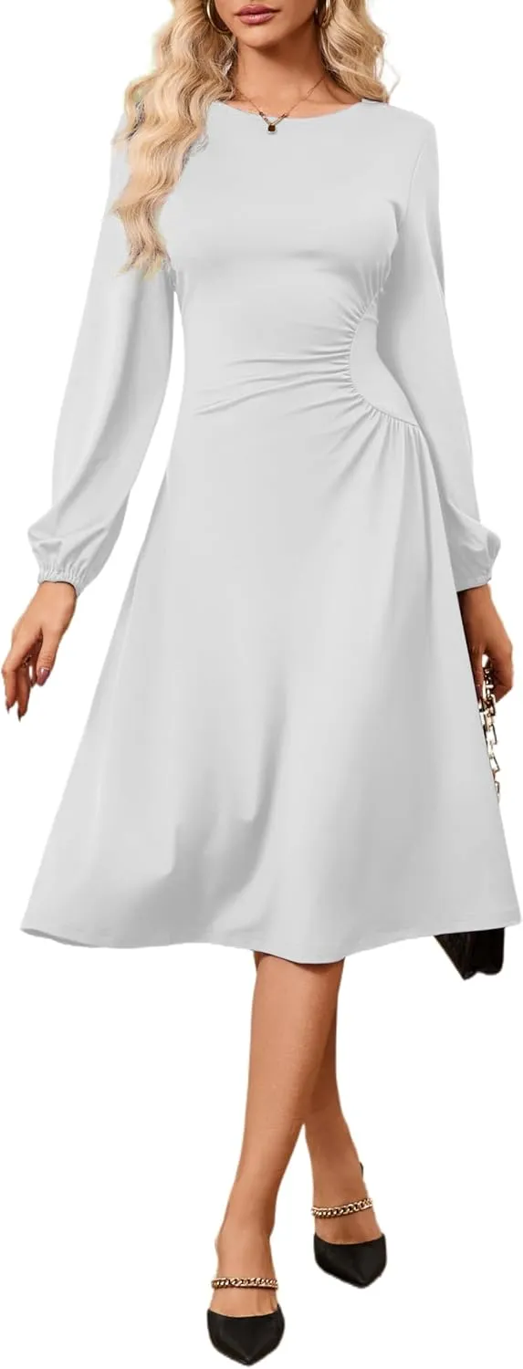 Women's Long Sleeve Midi Dress Round Neck Lantern Sleeve Vintage Church Dresses