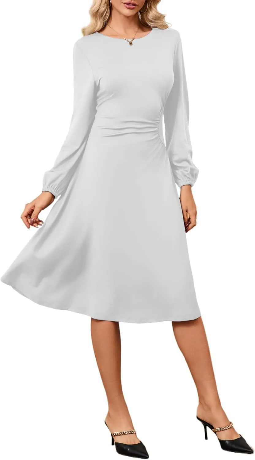Women's Long Sleeve Midi Dress Round Neck Lantern Sleeve Vintage Church Dresses