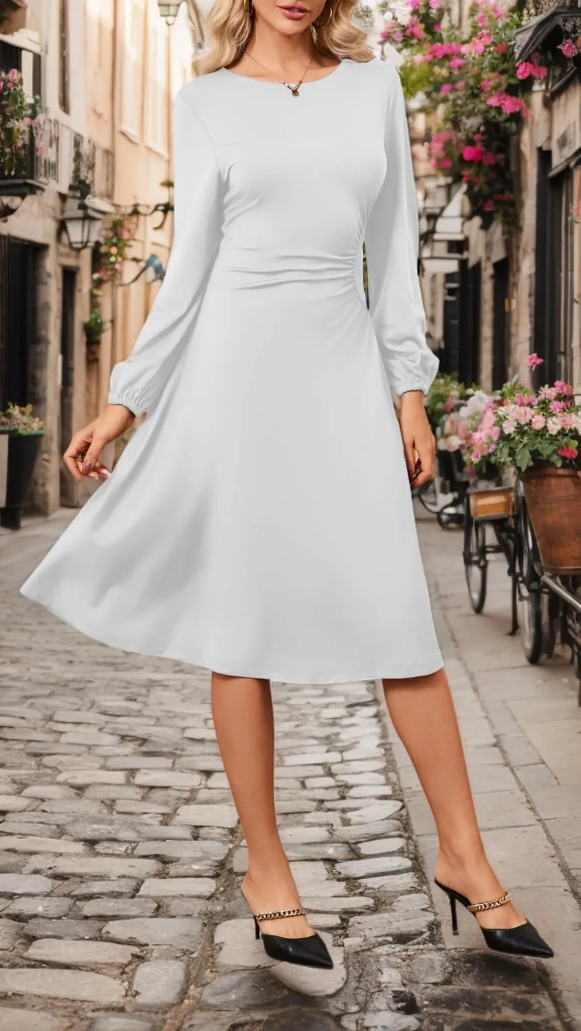 Women's Long Sleeve Midi Dress Round Neck Lantern Sleeve Vintage Church Dresses