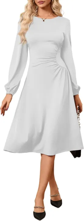Women's Long Sleeve Midi Dress Round Neck Lantern Sleeve Vintage Church Dresses