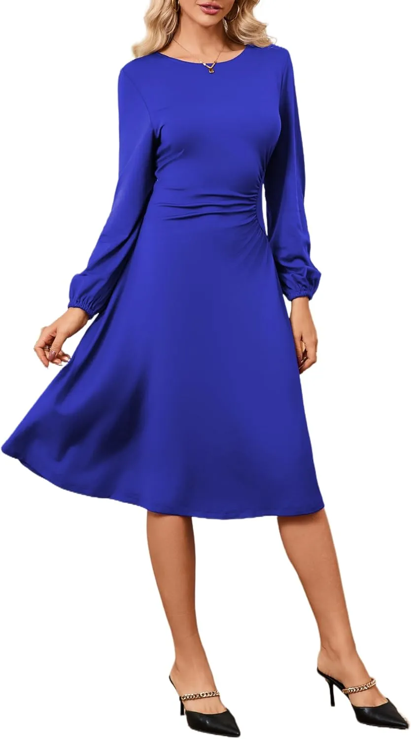 Women's Long Sleeve Midi Dress Round Neck Lantern Sleeve Vintage Church Dresses