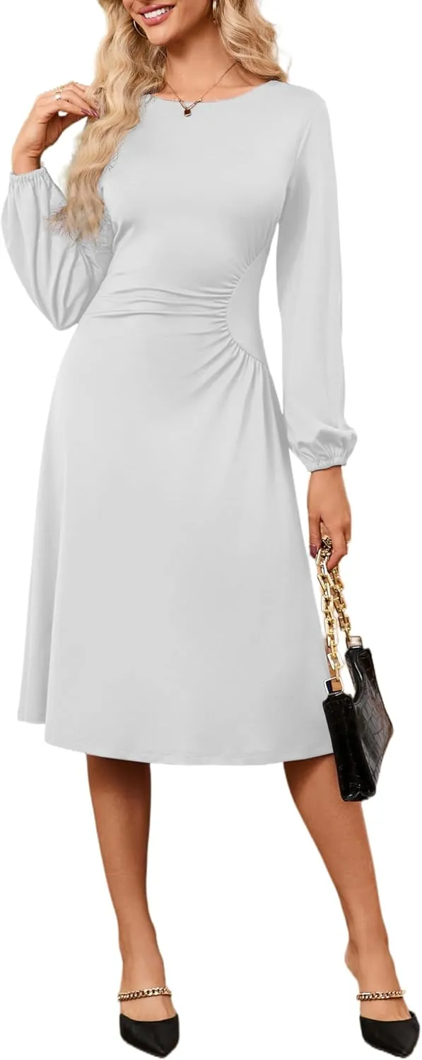 Women's Long Sleeve Midi Dress Round Neck Lantern Sleeve Vintage Church Dresses