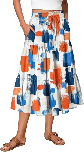 Womens Midi Skirts with Pockets 2025 Summer Long High Elastic Waist Beach Boho Flowy Ruffle A-Line Retro Floral Maxi Skirt
