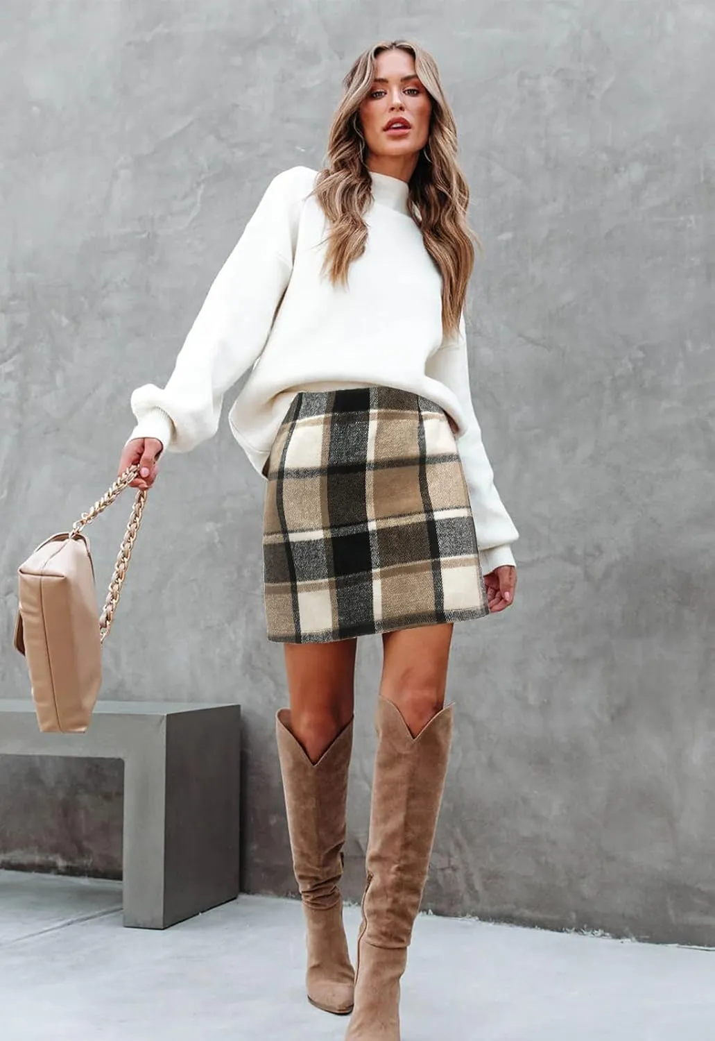 Women's Plaid Mini Skirt Pencil Above Knee Length High Elastic Waist Bodycon Zipper Vintage Short Skirts for Women