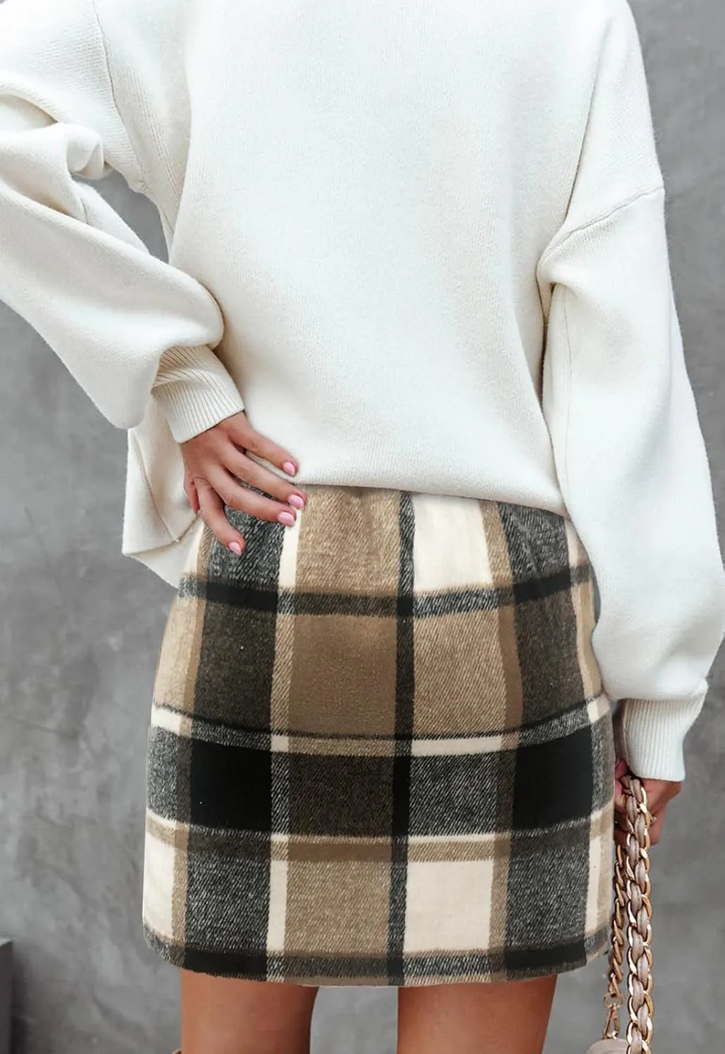 Women's Plaid Mini Skirt Pencil Above Knee Length High Elastic Waist Bodycon Zipper Vintage Short Skirts for Women