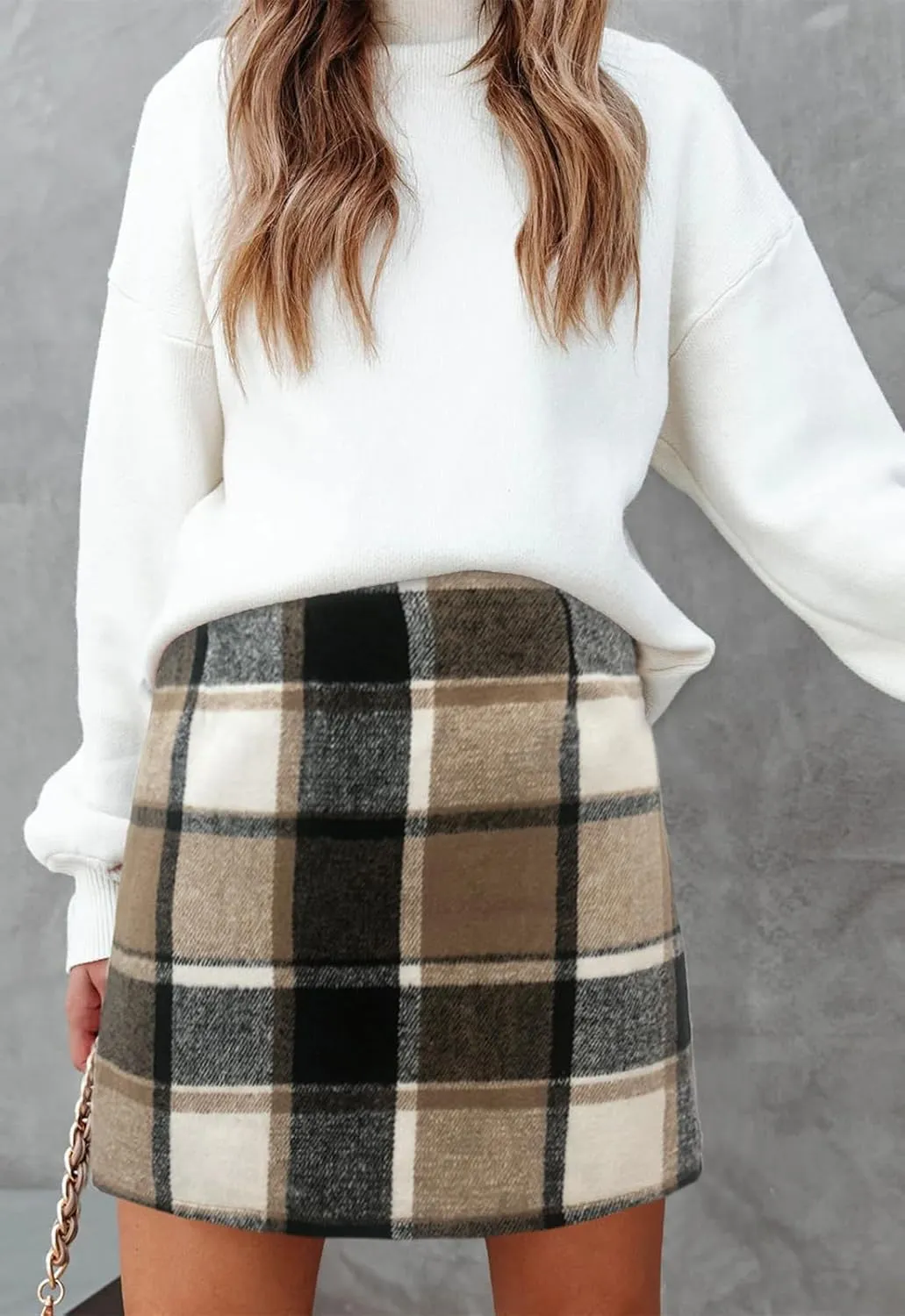 Women's Plaid Mini Skirt Pencil Above Knee Length High Elastic Waist Bodycon Zipper Vintage Short Skirts for Women