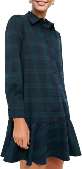 Women's Plaid Tunic Dress V Neck Button Down Collar Mini Dress Flowy Swing Shift Christmas Dress