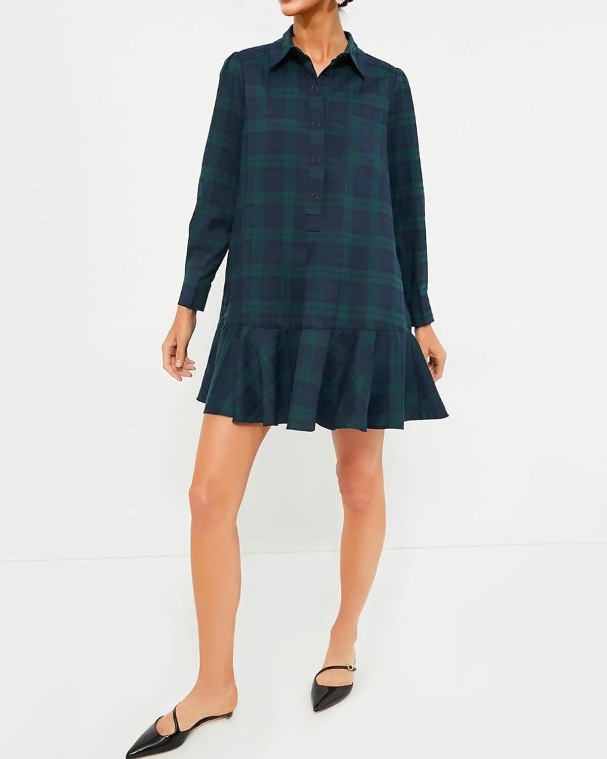 Women's Plaid Tunic Dress V Neck Button Down Collar Mini Dress Flowy Swing Shift Christmas Dress