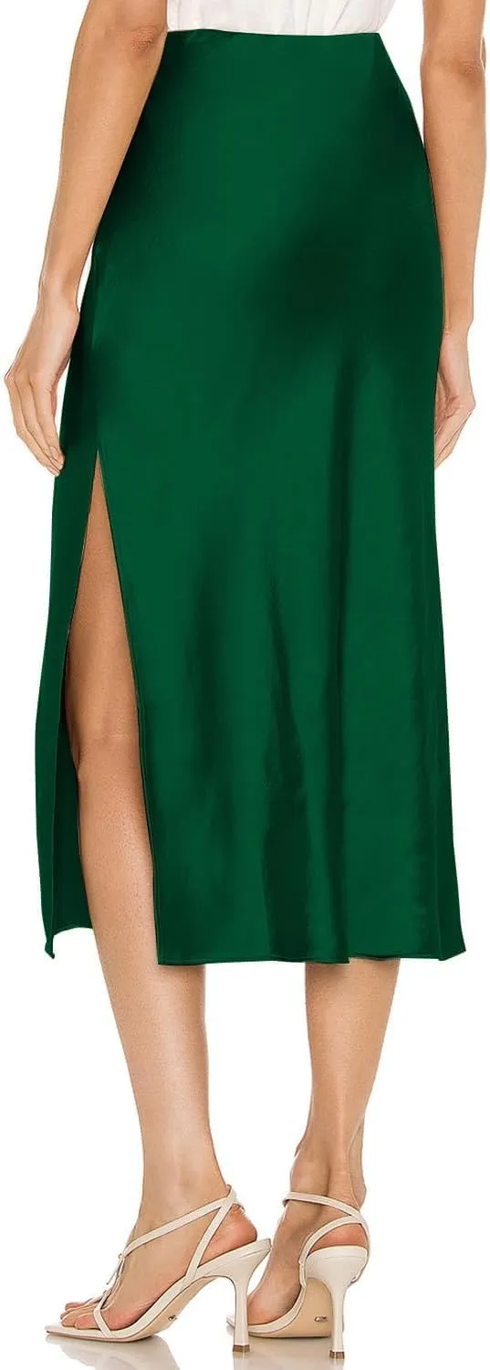 Womens Satin Silk High Waist Slit Midi Skirt Elastic Waistband Midi Skirts for Women