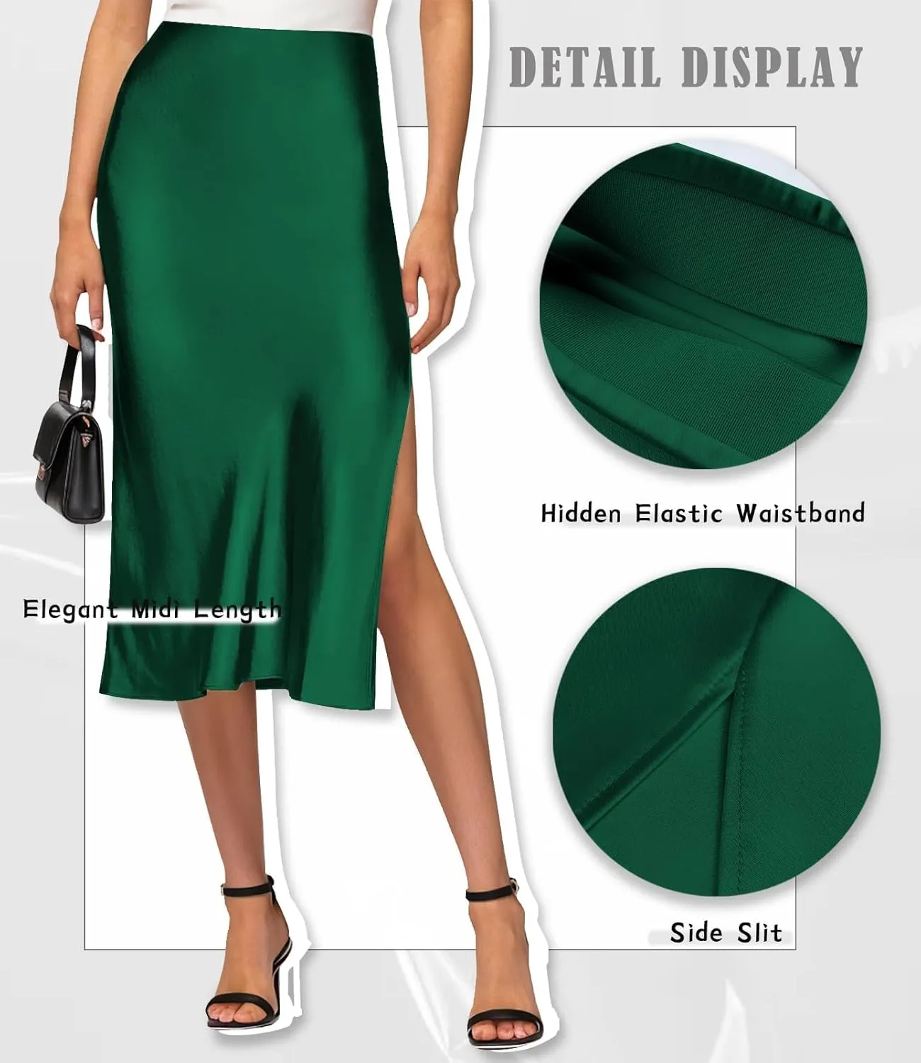 Womens Satin Silk High Waist Slit Midi Skirt Elastic Waistband Midi Skirts for Women