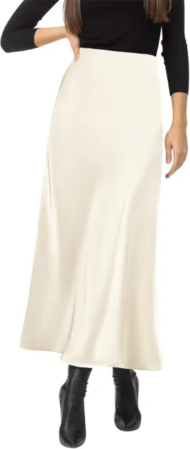 Women's Satin Silky High Waist Maxi Skirt Elegant Elastic Waistband A Line Long Skirts