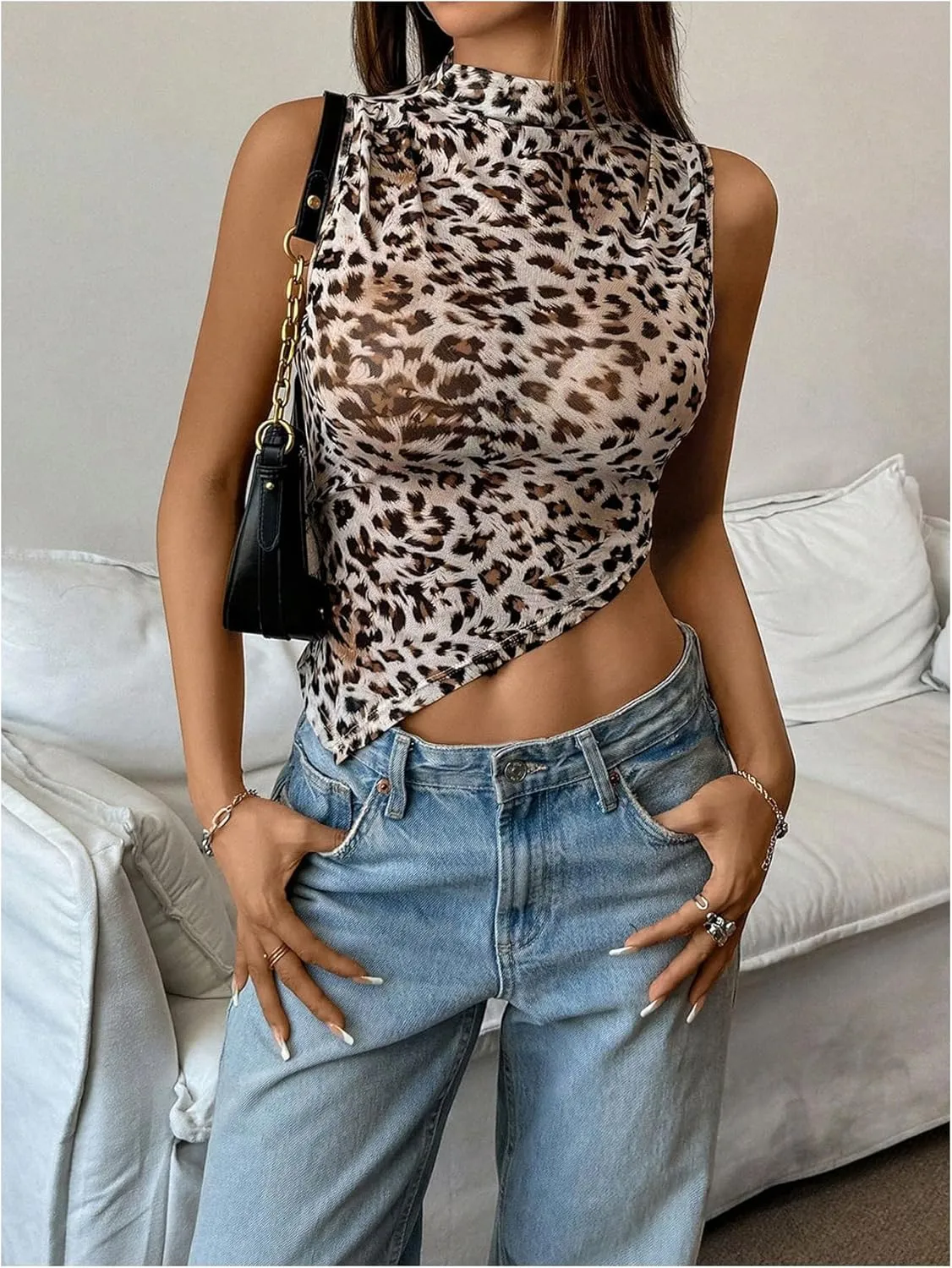 Women's Sheer Mesh Mock Neck Tank Tops Sleeveless Asymmetrical Hem Crop Tops Clubwear