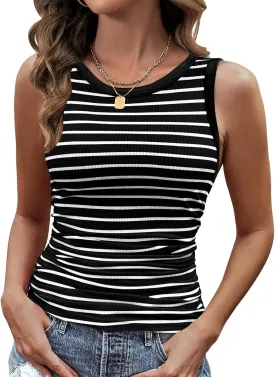 Womens Sleeveless Ribbed Tank Tops 2025 Summer Round Neck Slim Fit Top Casual T Shirts Clothes