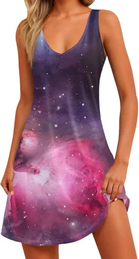 Womens Summer Dresses Beach Printed Sundress Sleeveless 2025 Swimsuit Coverup Vacation V Neck Dress with Pocket