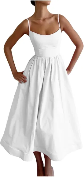 Women's Vintage Corset Dress Spaghetti Strap A-Line Midi Dress Elegant Cocktail Party Evening Dresses