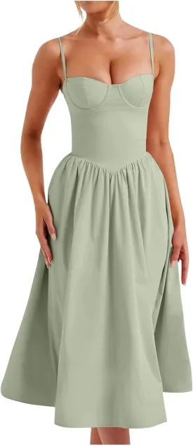Women's Vintage Corset Dress Spaghetti Strap A-Line Midi Dress Elegant Cocktail Party Evening Dresses