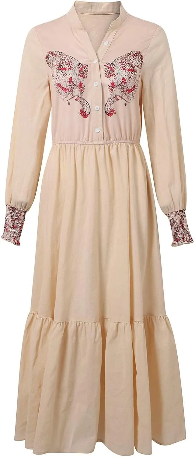 Women's Vintage Pastoral Flower Long Dress Sexy V-Neck Long Sleeve Boho Dresses Spring Summer Casual Maxi Dress