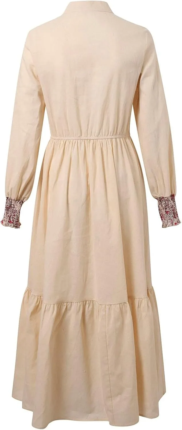 Women's Vintage Pastoral Flower Long Dress Sexy V-Neck Long Sleeve Boho Dresses Spring Summer Casual Maxi Dress