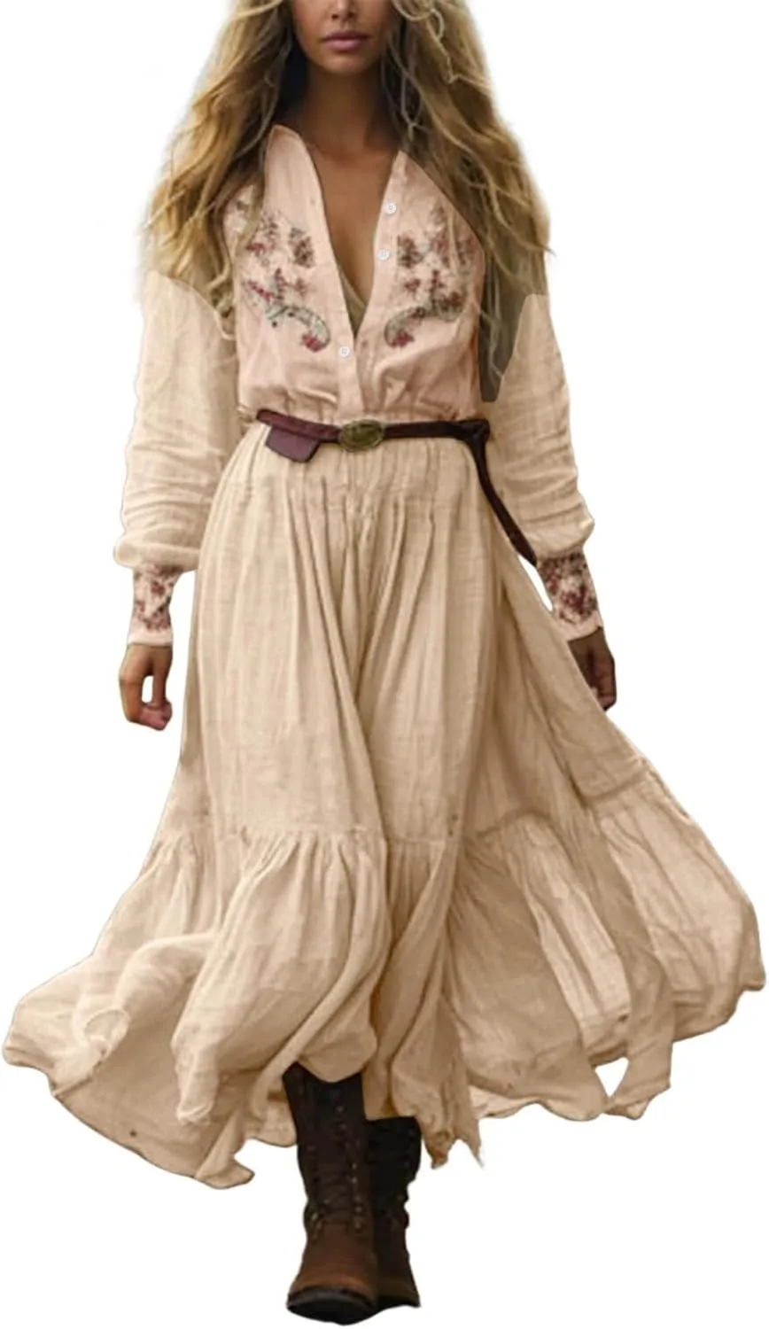 Women's Vintage Pastoral Flower Long Dress Sexy V-Neck Long Sleeve Boho Dresses Spring Summer Casual Maxi Dress