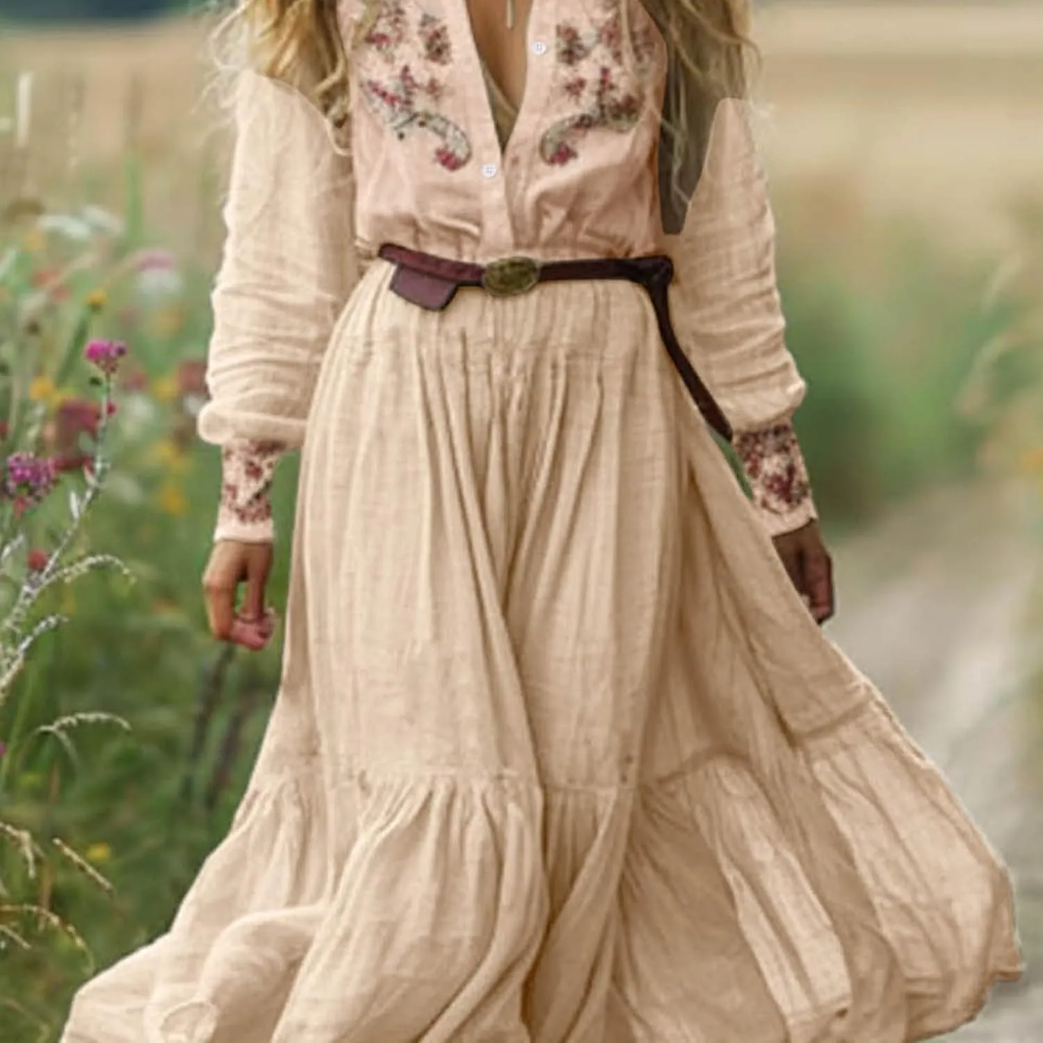 Women's Vintage Pastoral Flower Long Dress Sexy V-Neck Long Sleeve Boho Dresses Spring Summer Casual Maxi Dress