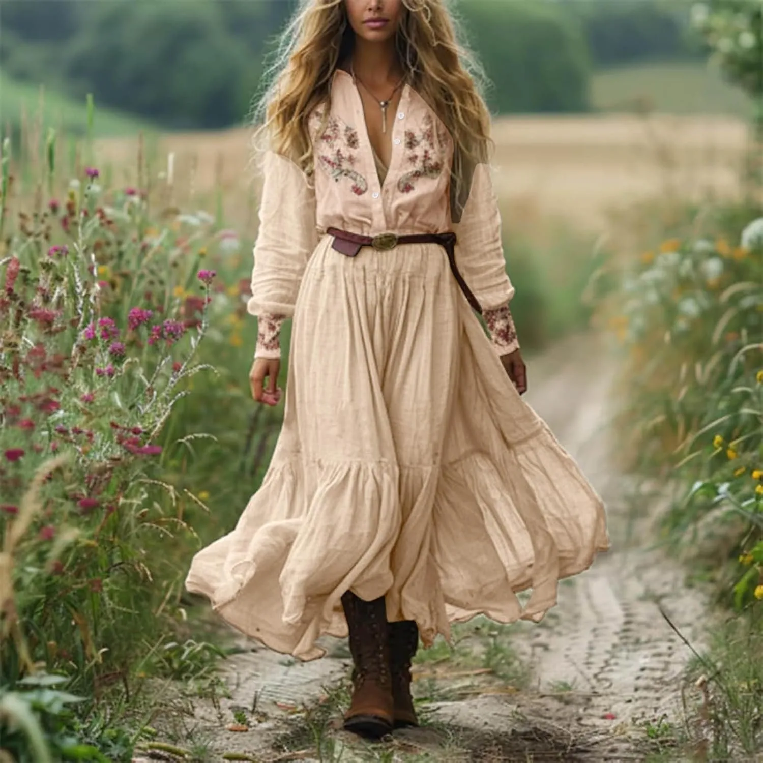 Women's Vintage Pastoral Flower Long Dress Sexy V-Neck Long Sleeve Boho Dresses Spring Summer Casual Maxi Dress