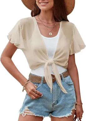ZAFUL Women's Chiffon Cropped Bolero Sheer Shrugs for Dress Short Sleeve Tie Front Cardigan