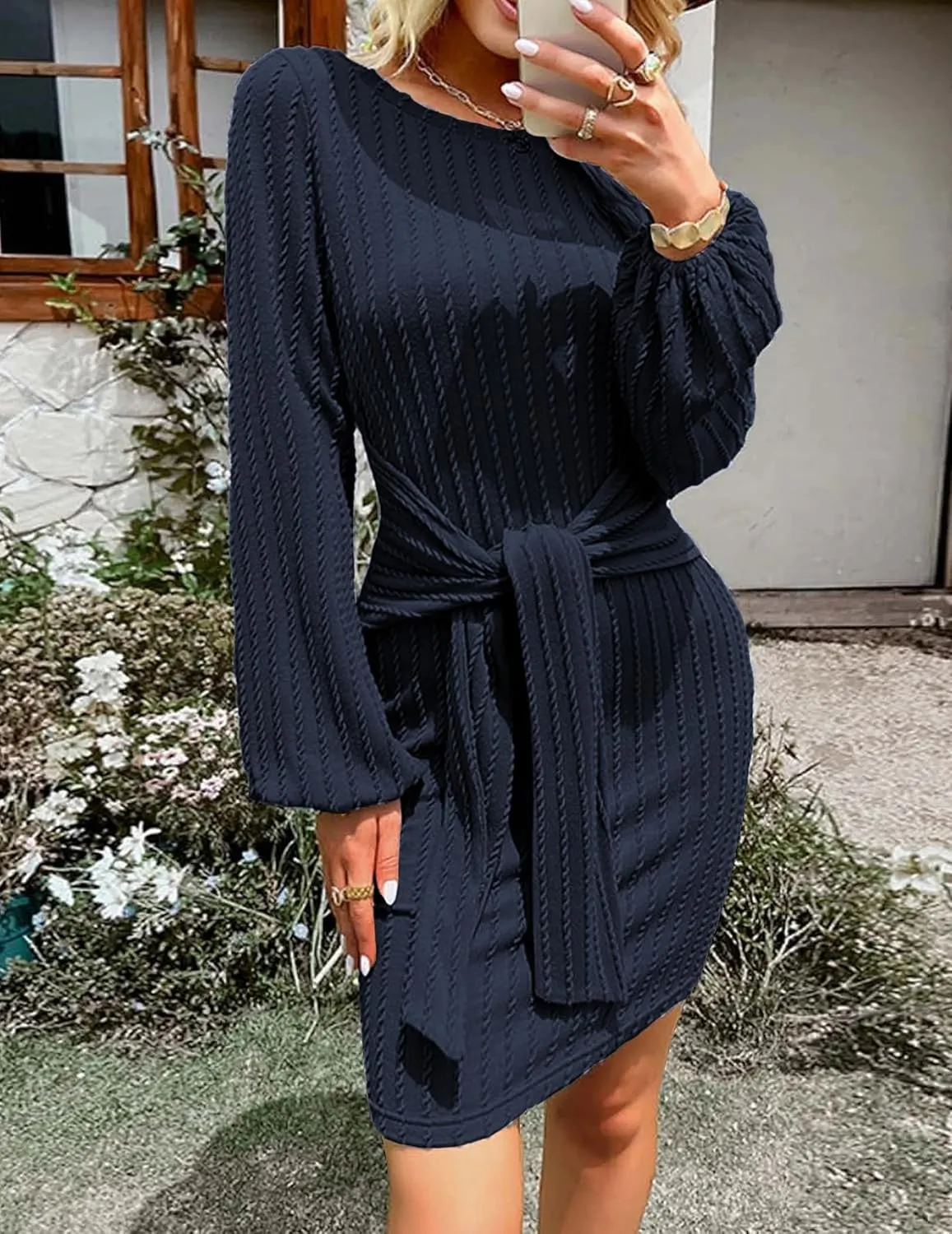 Zeagoo Women's Casual Knit Dress Fall Long Sleeve Bodycon Dress Crewneck Tie Waist Rib Knitted Sweater Dresses